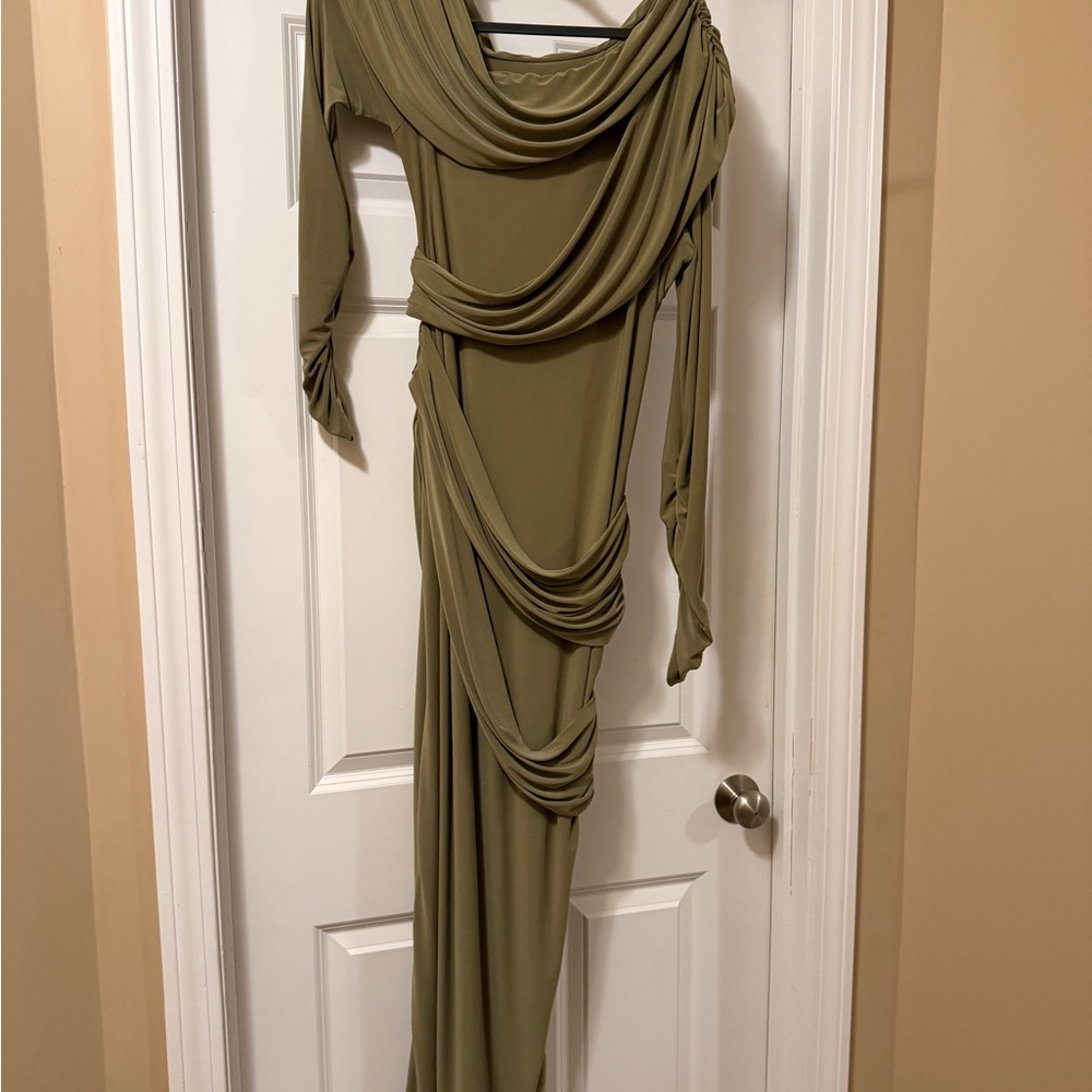 Olive Asymmetric-Neck Maxi Dress With Ruched Detailing